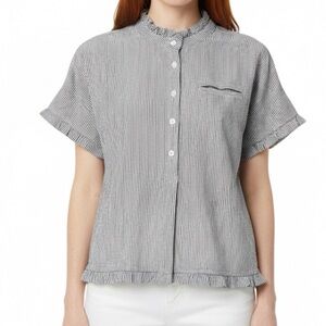 Eskey Gray White Pinstripe Ruffle Trim 100% Cotton Top Size M